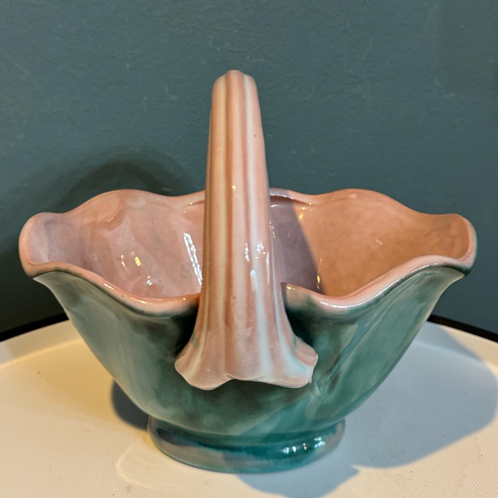 Vintage Stangl Terra Rose Pink and Green pottery basket / handled dish